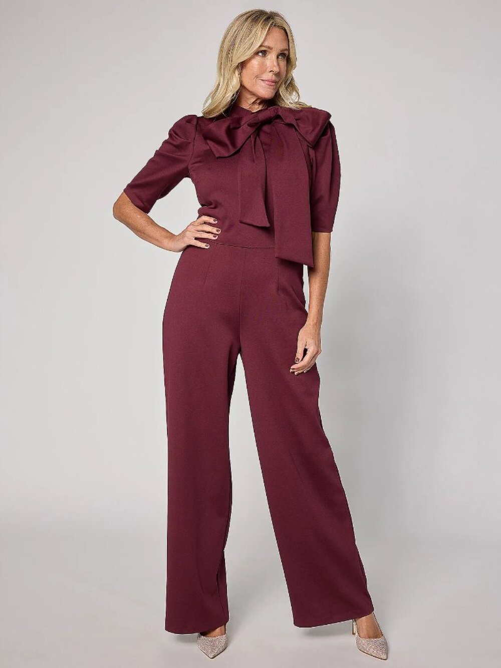 Studio Park x Sandra Bennett Regular Bow Detail Jumpsuit, Cabernet Sz XL a708818